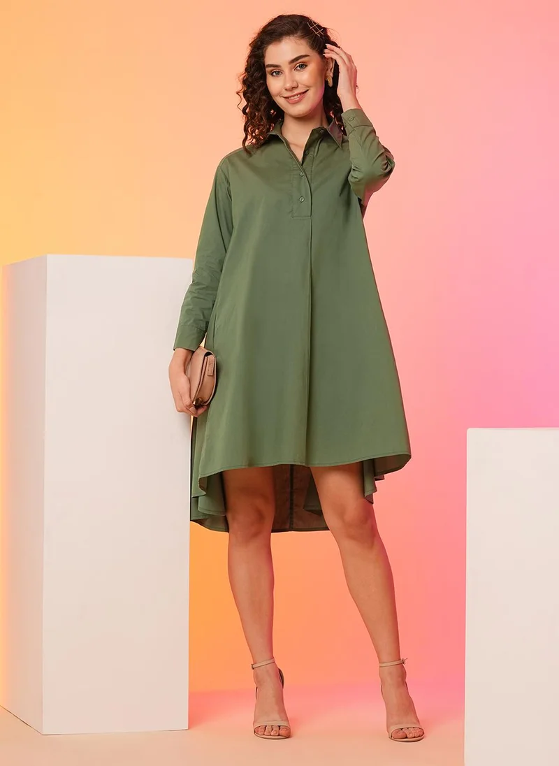 جلو باص Globus Women Olive Asymmetric Loose Fit Cotton A-Line Dress